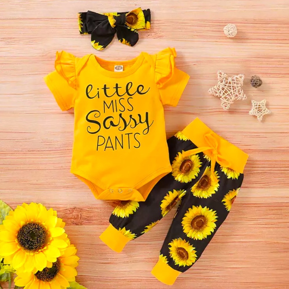 Baby Girl Outfit Set Sunflower Themed Short Sleeve Romper with pants
